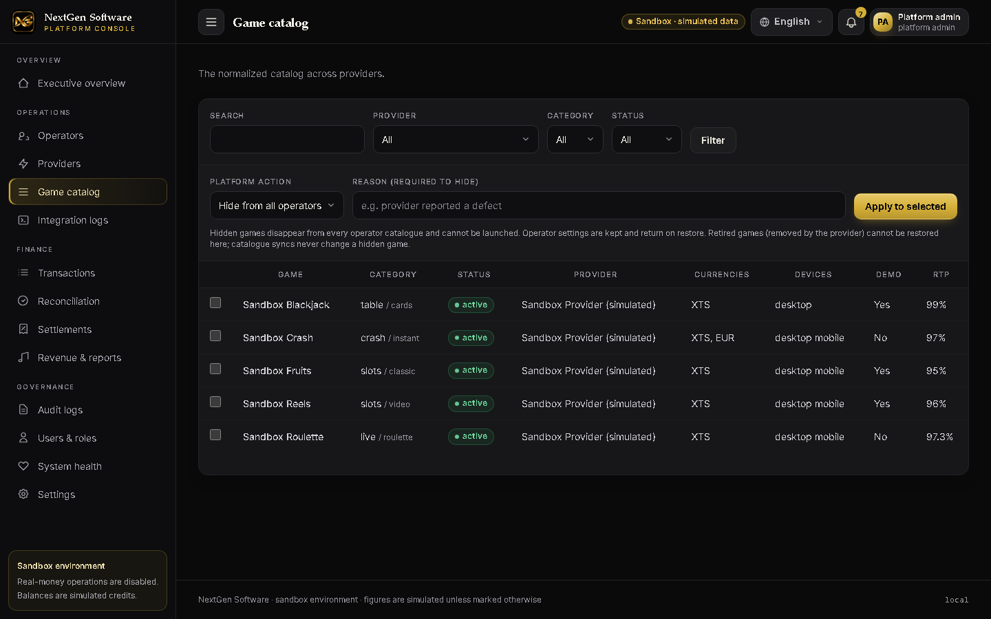 Game catalogue management in the NextGen platform console, with simulated sandbox data